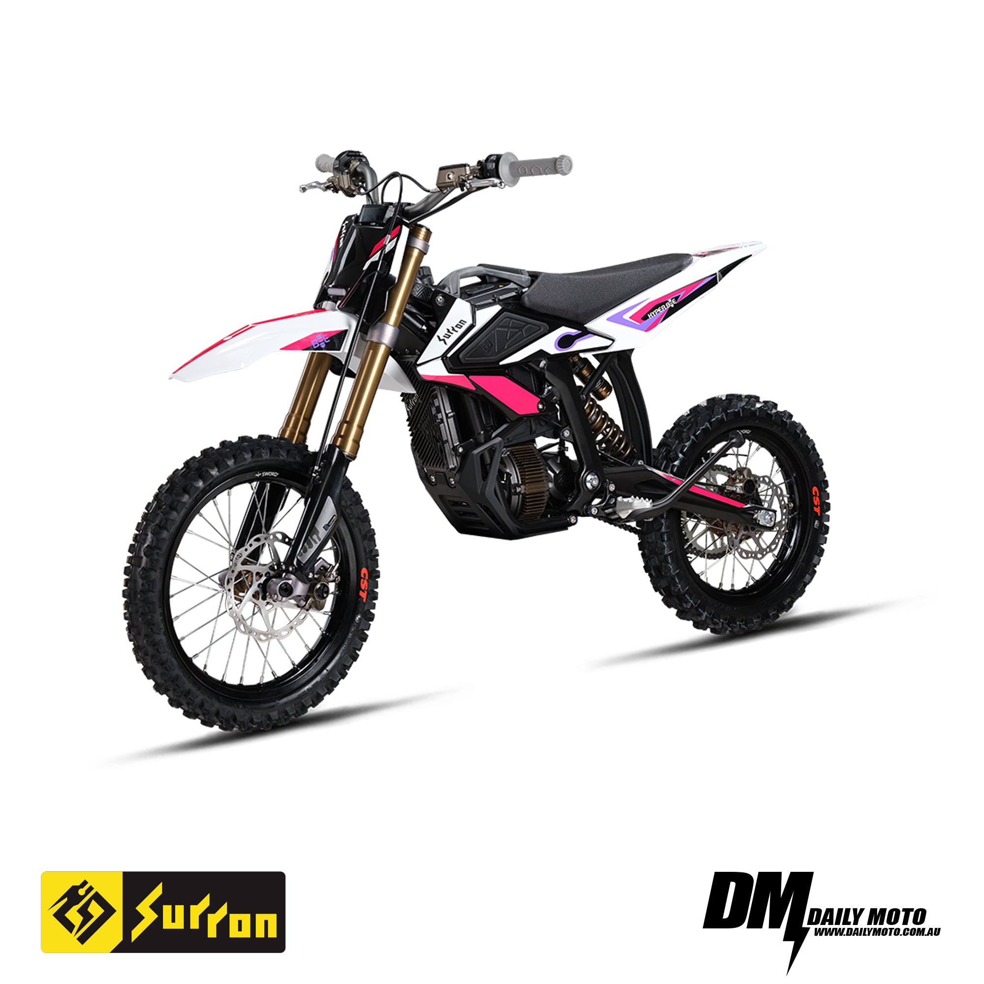 2025 Surron Hyper Bee Electric Bike showcased in pink, highlighting its off-road capabilities and modern design.