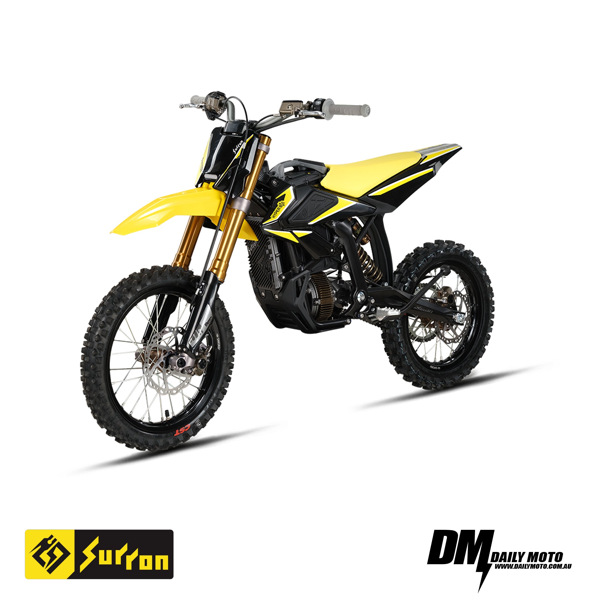 2025 Surron Hyper Bee Electric Bike in vibrant yellow, showcasing off-road design and performance features.