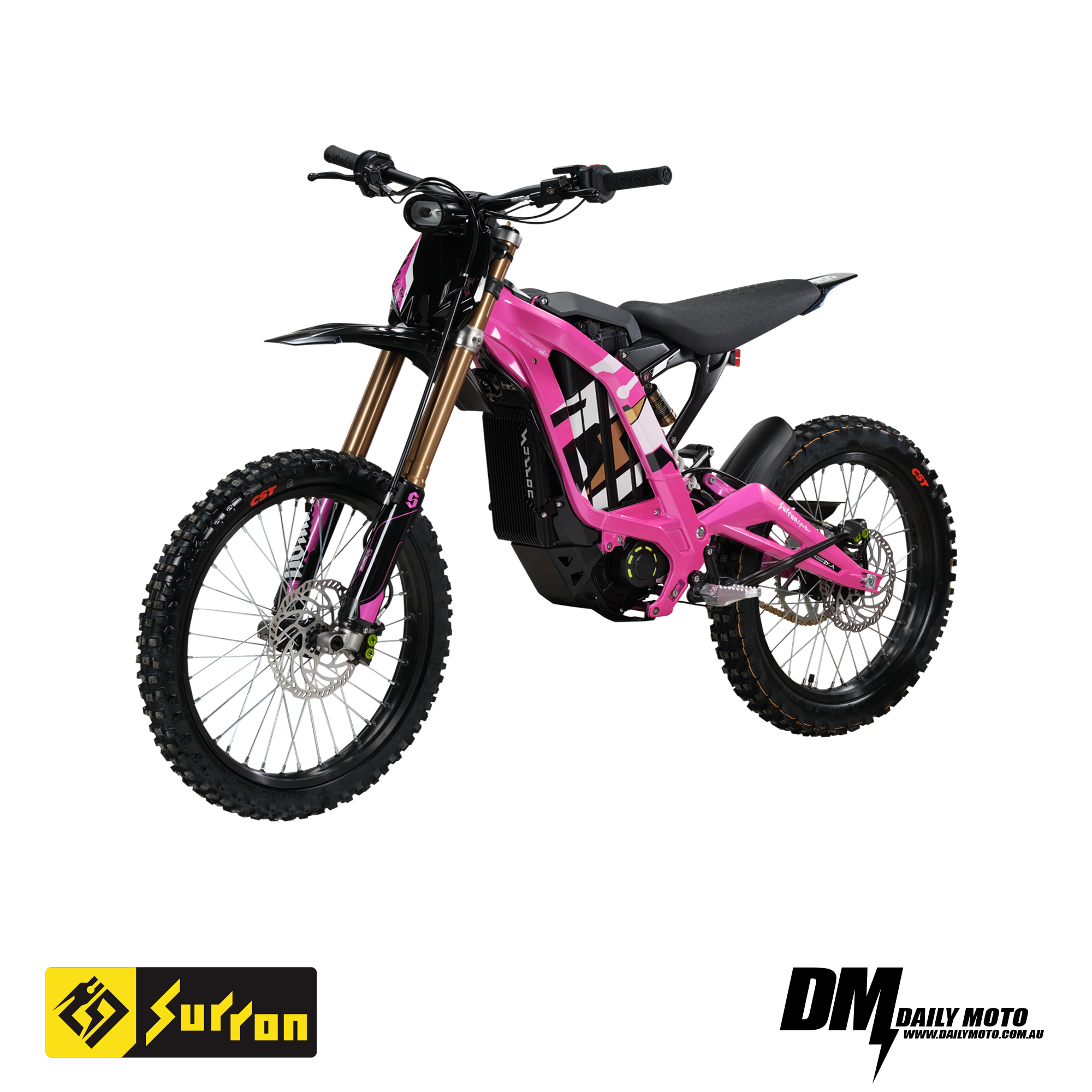 2025 Surron Light Bee X E Bike in vibrant pink, showcasing its lightweight electric performance and off-road capability.